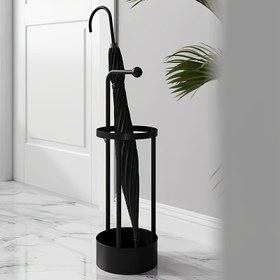 Resim 1'li Paket İskandinav Tarzı Metal Şemsiye Standı & Baston Tutucu - Damlalık Tepsili, Ayakta Duran Demir Giriş Organizatörü, Ev, Okul, Ofis ve Ticari Kullanım İçin Modern Tasarım, Fonksiyonel Dekorasyon, Şık Siyah Kaplama 