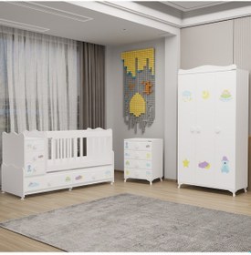 Resim Melina Bebek Odası Yıldız 3 Kapaklı Ve Şifonyer - Uykucu Beyaz 