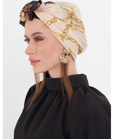 Resim Hürrem Bone Bej Pratik Hazır Geçmeli Tesettür Bone Kesik Elyaf Retro Desenli 2409 12 Bej 