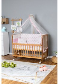 Resim Ahşap Beşik Anne Yanı Beşik Vernikli 70x130 - Pembe Yıldız 1 Yastıklı Uyku Seti +yataklı+tekerlekli Ahşap 