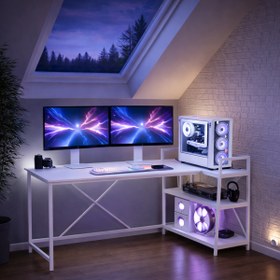 Resim Flinder Beyaz Çift Yön Kullanıma Uygun, Raflı Gaming Oyuncu Masası Geniş Kullanım Alanlı, Bilgisayar Masası 