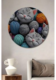 Resim Sevimli Kediler Ve Renkli İplik Topları Görünümlü Dijital Baskı Ahşap Tablo Yuvarlak Duvar Tablosu 90-756 - 30 X 30 