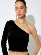 Resim Slim Fit Uzun Kollu Taşlı Tek Omuz Kadife Body 