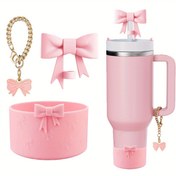 Resim 1 Set Sevimli Pembe Silikon Yay Su Şişesi Kılıfı, Eşleştirilmiş Hasır Şapka, Anahtarlık ve Küpeler - Hidrasyon için Kaymaz, Anti-Çarpışma Tasarım, Hidrasyon Aksesuarı|Oyunca Aksesuarı|Dayanıklı Silikon, Su Şişesi Kılıfı 