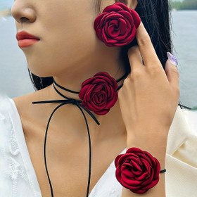 Resim 3 Adet Şık Polyester Çiçek Takı Seti, Büyük Gül Küpe, Kolye ve Kadınlar için Bileklik, Parti, Düğün ve Balodaki Mükemmel Aksesuar Hediye 
