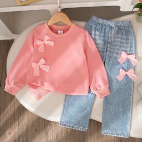 Resim Kızlar İçin Günlük Kullanım Modası Düz Renk Fiyonklu Yuvarlak Yaka Uzun Kollü Üst ve Baskılı Denim Desenli Pantolonlu Takım İlkbahar/Sonbahar İki Parça Set 