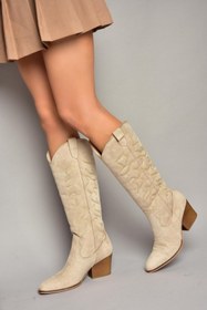 Resim Fox Shoes T296815002 Bej Süet Kovboy Model Kadın Çizme 