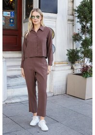 Resim JUMENT Kadın Likrasız Modal Kumaş Yüksek Bel Beli Lastikli Yan Cepli Dar Paça Bilek Boy Pantolon-kahve 