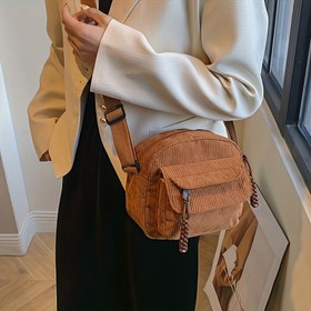 Resim 4 Renk Seçeneği, Retro Harajuku Tarzı Kadınlar İçin Kadife Çapraz Çanta - Ayarlanabilir Askı, Fermuarlı Kapatma, Polyester Astar ve Çizgili Desen. Her Duruma Uygun 