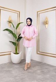 Resim Eliva Kadın Pembe Pudra Terikoton Gizli Düğmeli Boyfriend Tesettür Gömlek 