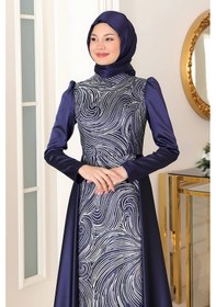 Resim Raika Moda Taş Baskı Tasarım Saten Miray Abiye Lacivert 