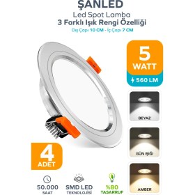 Resim ŞANLED 5W 3 Renkli(Beyaz,Günışığı,Amber)Beyaz Krom Kasa Led Spot Lamba- 4 ADETTİR 