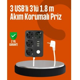 Resim Selfbuysell Akım Korumalı 3 USB Portlu 4’lü Priz 4.1A Hızlı Şarj 