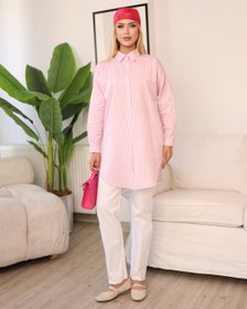 Resim Pembe Beyaz Çizgili Oversize Uzun Tunik Gömlek Tesettür Uyumlu Salaş Rahat Kalıp Gömlek 