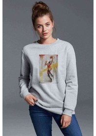 Resim Basketbolcu Spor Baskılı Gri Kadın Sweatshirt 