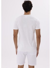 Resim Göğüs Baskı Detaylı Bisiklet Yaka Kısa Kollu Rahat Kalıp Pamuklu Spor Tişört Ecru 