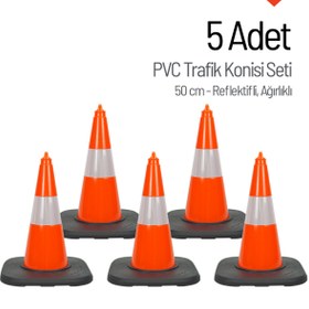 Resim İleri Trafik 5 Adet PVC Trafik Konisi 50 cm Reflektifli Ağırlıklı Trafik Dubası Seti 