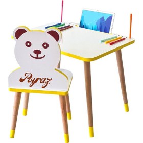 Resim Çocuk Ders Çalışma Masa Sandalye Takımı 2-6 Yaş Sarı Ayıcıklı 