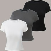 Resim 3 adet Gençlik Assortment Kısa Kollu Örgü Üstleri, Siyah, Gri ve Beyaz Renklerde Rahat Yuvarlak Yaka T-Shirtler, Bahar/Yaz/Sonbahar için Orta Esneklikli Kumaş, Rahat Giyim|Kısa Kollu Üstler|Glossy Texture 