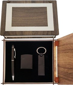 Resim Büro Ev Ofis Hediyesi İçin Ahşap Kutulu 3parça Mat Siyah Kalem Anahtarlık Çakmak Seti 