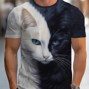 Resim Erkekler için 3D Baskılı Kedi Tasarımı ile Siyah ve Beyaz Renkli, Kısa Kollu, Yuvarlak Yaka, Hafif Polyester, Ev, Dış Mekanlar, Partiler ve Sokak Modası için Mükemmel, Parti Kıyafeti | Eğlenceli Tasarım | Rahat Kesim 