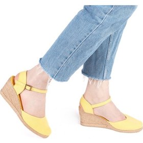 Resim Gerçek Elişi Topuğu Açık Bilekten Bantlı Dolgu Topuk Keten Hasır Kadın Espadril Handmade Açık Sarı 