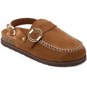 Resim Kadın Hakiki Süet Deri 4,5cm Topuklu Rahat Kalıp Günlük Sandalet Taba 