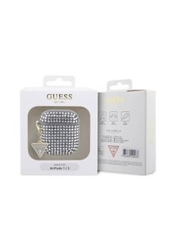 Resim Apple Uyumlu AirPods Kılıf Guess Lisanslı Parıltılı Taş Kaplamalı Üçgen Logo Süs Zincirli Gümüş 