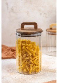 Resim Morponi Borosilikat Cam Optik Çizgili Akasya Kapaklı Kavanoz Zahire 2450 Ml Şeffaf 