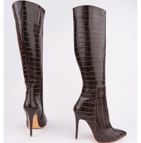 Resim Muggo Zest Kroko Desenli Sivri Burun Fermuarlı İnce Topuklu Kadın Çizme Kahverengi 