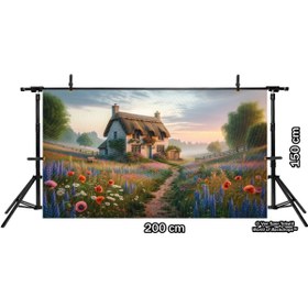 Resim Venspor Geleneksel Bir Kır Evi ve Çiçeklerle Bezenmiş Doğa Arkaplan, 200x150cm, Fon, Duvar Örtüsü 