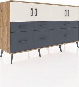 Resim Kronos Konsol 4 Raflı 6 Çekmeceli 4 Kapaklı 176x59x99 Çam-aytaşı/ Çam-aytaşı/antrasit 