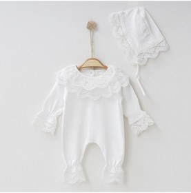 Resim Buse&Eylül Bebe Beyaz Güpürlü Şapkalı Kız Bebek Tulum Takım-Beyaz 