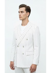 Resim Plus Scorpion Beyaz Çizgili Erkek Kruvaze Blazer Ceket İtalyan Kesim, Modern Ve Zarif Şıklık Beyaz 