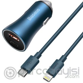 Resim Baseus Golden Contactor Pro 40W USB Type-C Dual Hızlı Araç Şarj Başlık + Type-C to Lightning iPhone 