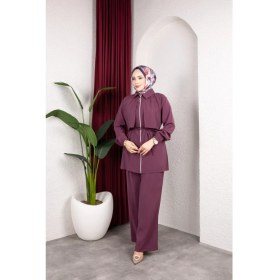 Resim Weak Blue Kadın Tesettür Takım Çift Kat Görünümlü Fermuarlı Tunik Bol Paça Pantolon Moda Kumaş Ikili Takım 