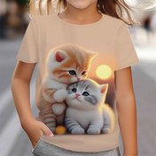 Resim Kedi Desenli 3 Boyutlu Kısa Kollu Yuvarlak Yaka T-shirt, Rahat Trendi Sevimli Tişört, Yazlık Kız Giyim 