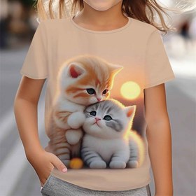 Resim Kedi Desenli 3 Boyutlu Kısa Kollu Yuvarlak Yaka T-shirt, Rahat Trendi Sevimli Tişört, Yazlık Kız Giyim 
