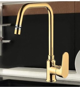 Resim Altın Yüksek Gövdeli 360 Derece Oynar Başlıklı Mutfak Eviye Bataryası 