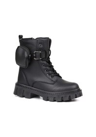 Resim Kadın Siyah Postal Bot Cüzdanlı Kalın Taban Fermuarlı Bağcıklı Tokalı Rahat Günlük Şık Ve Dayanıklı Siyah 