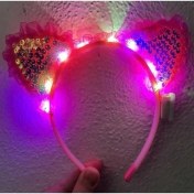 Resim Pembe Pullu LED Işıklı Kedi Kulak Taç 