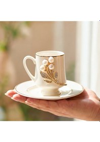 Resim Elta Collection Gold Metal & İnci Çiçek Figürlü 12 Parça Bardak Fincan Seti Şık Sunum İnci 