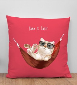 Resim Bk Gift Kedi Tasarımlı Kırmızı Kırlent Yastık, Arkadaşa Hediye, Ev Dekorasyonu, Ev Hediyesi-2 