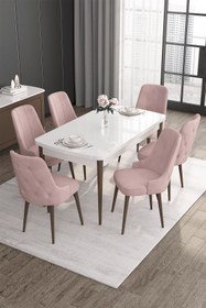 Resim Canisa Roy Serisi 80x132 Mdf Beyaz Masa Ceviz Ayak Masa Takımı 6 Pembe Sandalye 