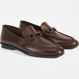 Resim Desa Kahverengi Erkek Slip-On Deri Loafer Kısa Topuklu Kauçuk Tabanlı Rahat Ayakkabı 