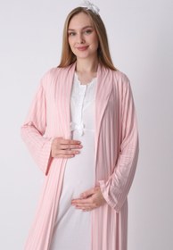 Resim Hamile Gecelik ve Sabahlık - Lohusa Gecelik Seti, Çizgili Sabahlıklı Dantelli Kısa Kol Pamuklu - 2317 - Mavi / XXL / Terlik ve Taç Seti İstiyorum +300₺ 