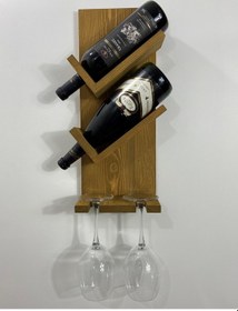 Resim Doğal Ahşap 2 Şişe 2 Kadeh Bölmeli Şaraplık, Açık Meşe 