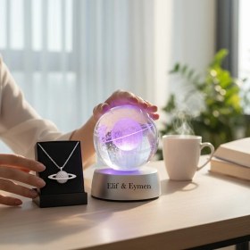 Resim Kişiye Özel Renk Değiştiren LED Işıklı Satürn Kız Küre Lamba Kristal Top ve Satürn Kolye 