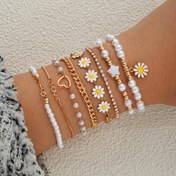Resim 8 adet Moda Tatlı Daisy Sahte İnci Kadın Bileklik Seti Günlük Giyim, Yaz Tatili ve Tarihler için, Altın Tonlarda Trendy Takılar ile. 