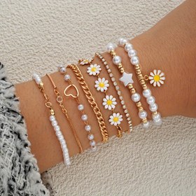 Resim 8 adet Moda Tatlı Daisy Sahte İnci Kadın Bileklik Seti Günlük Giyim, Yaz Tatili ve Tarihler için, Altın Tonlarda Trendy Takılar ile. 